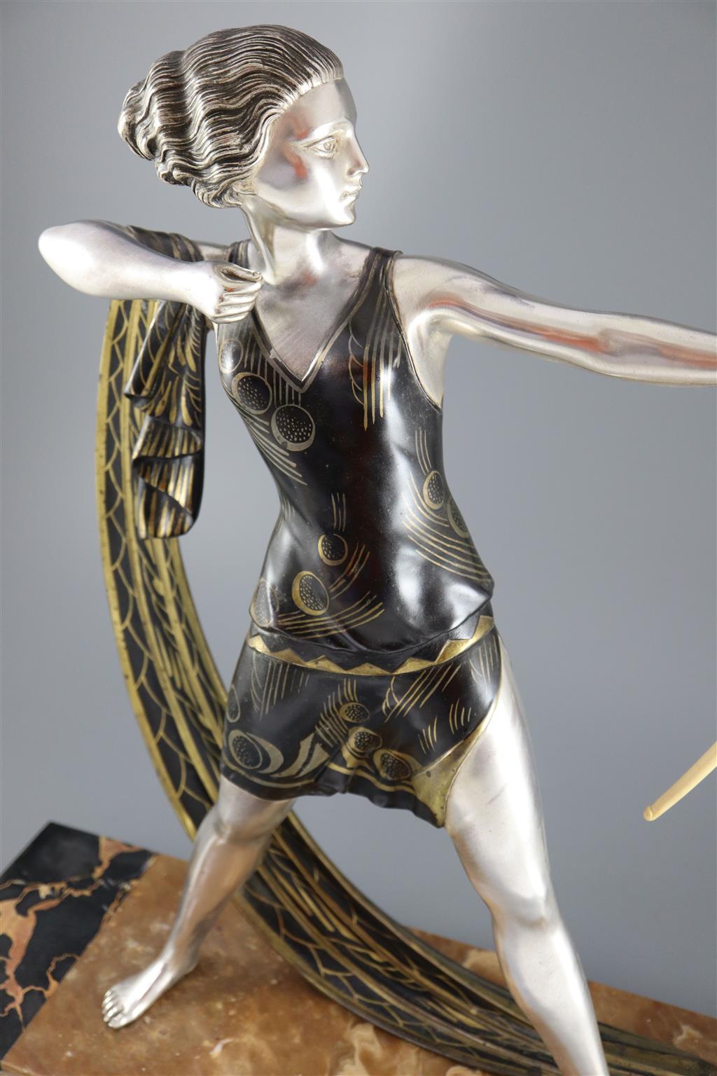 Lucien Gibert (1904-1988) - an Art Deco silvered spelter figure of a female archer, H. 26.5in. W. 22.5in.